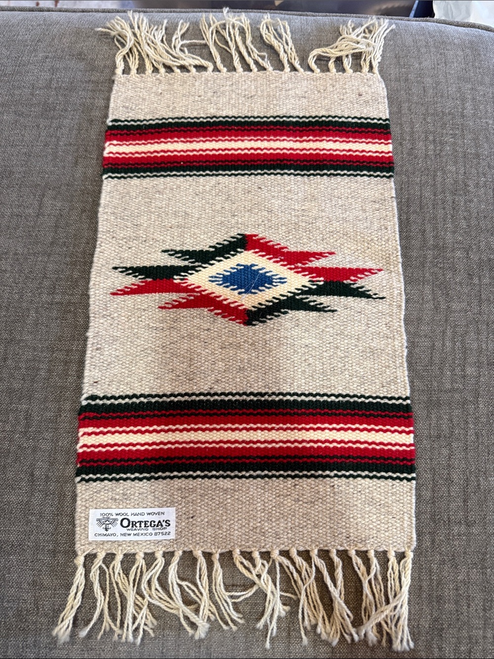 Ortega's Hand-Woven Wool Runner in Natural with Red & Green Tribal Motif